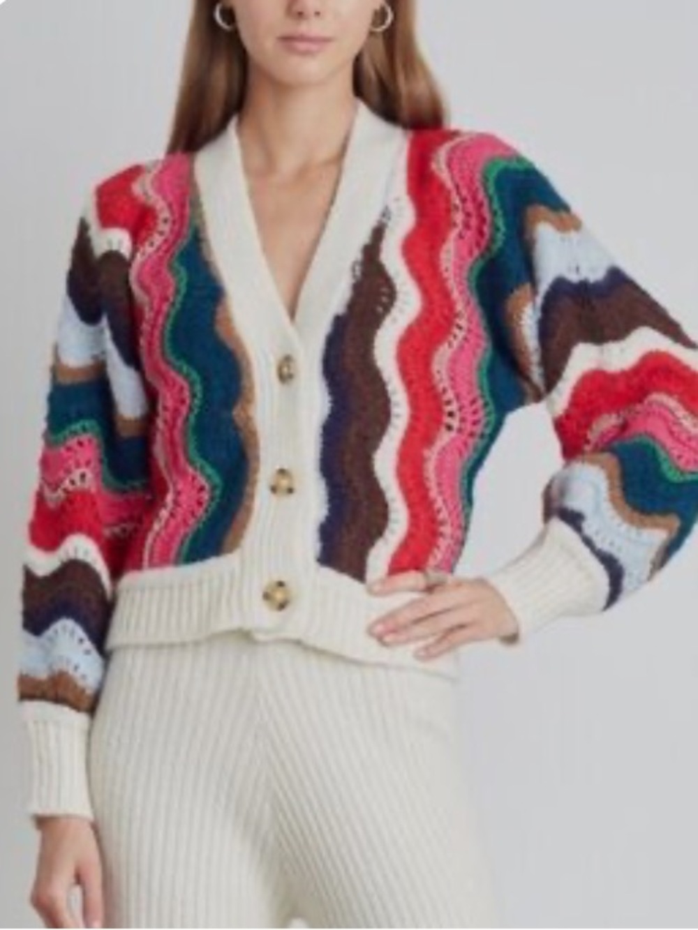 Multicolor Wave-Stripe Cream Button-Front Cardigan